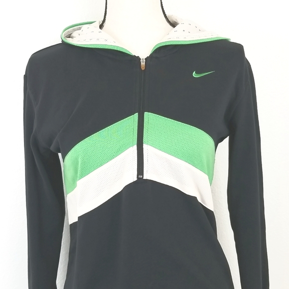 NIKE Black w/Green & White Stripes 1/4 Zip FitDry Hooded Jacket, size M - Picture 2 of 7